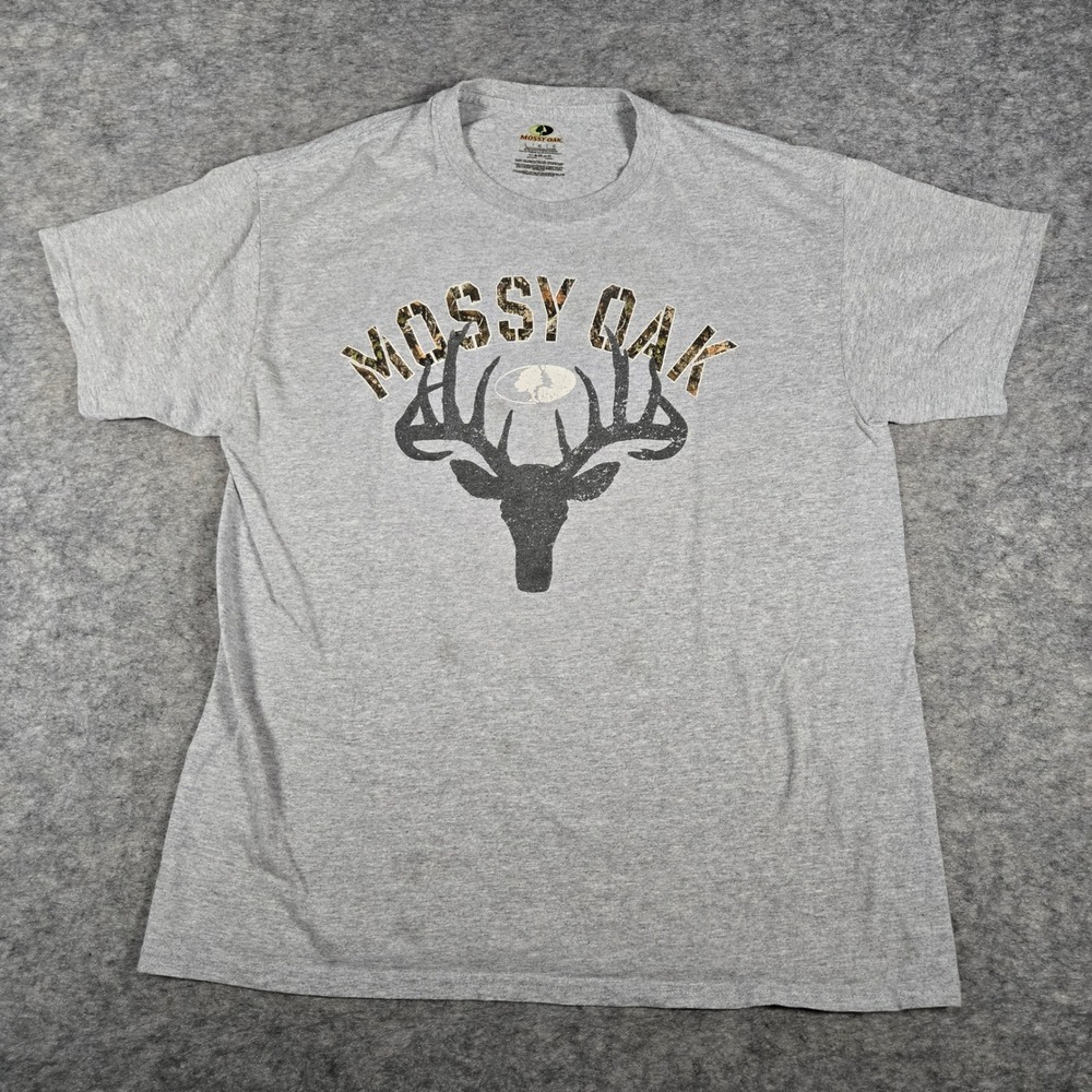 Mossy Oak Mens Gray Graphic Camo Logo Buck Deer T-Shirt Large